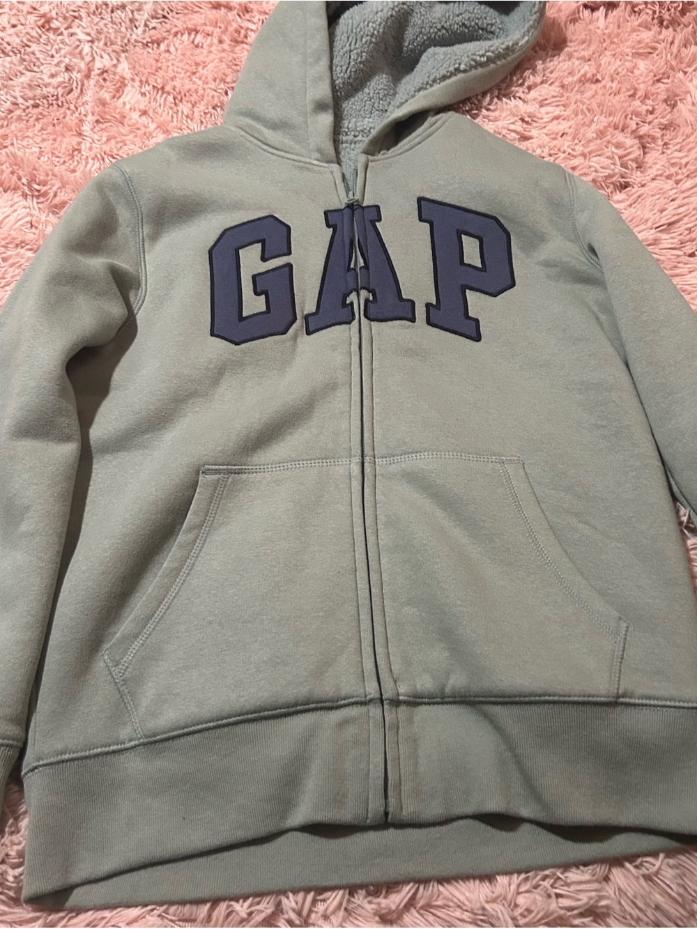 GAP Kids size XL. Light Sage Green Zip-Up Hoodie with Navy Logo